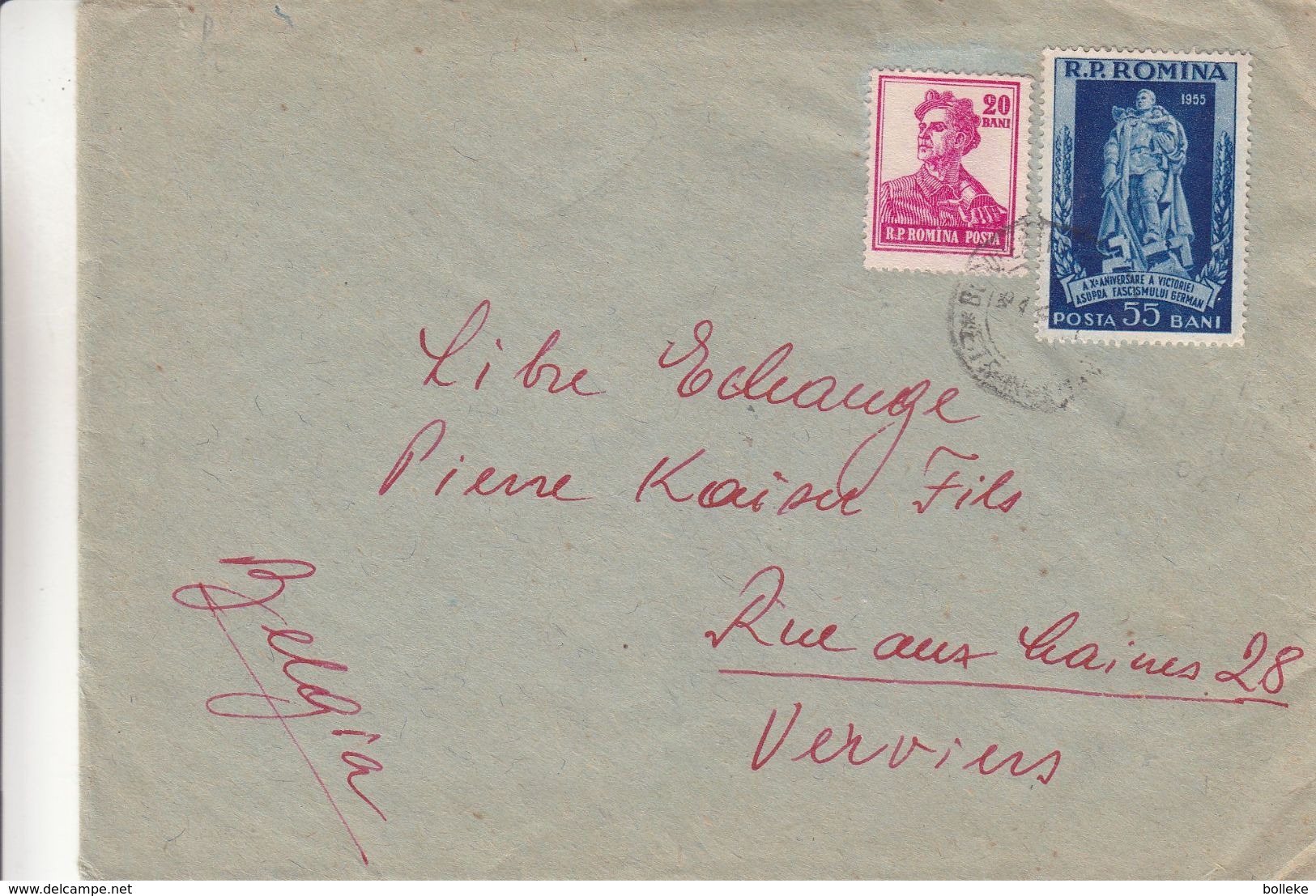 Roumanie - Lettre De 1955 ? - Oblit Bucarest - Exp Vers Verviers En Belgique - Monument - Soldat - épée - Cartas & Documentos