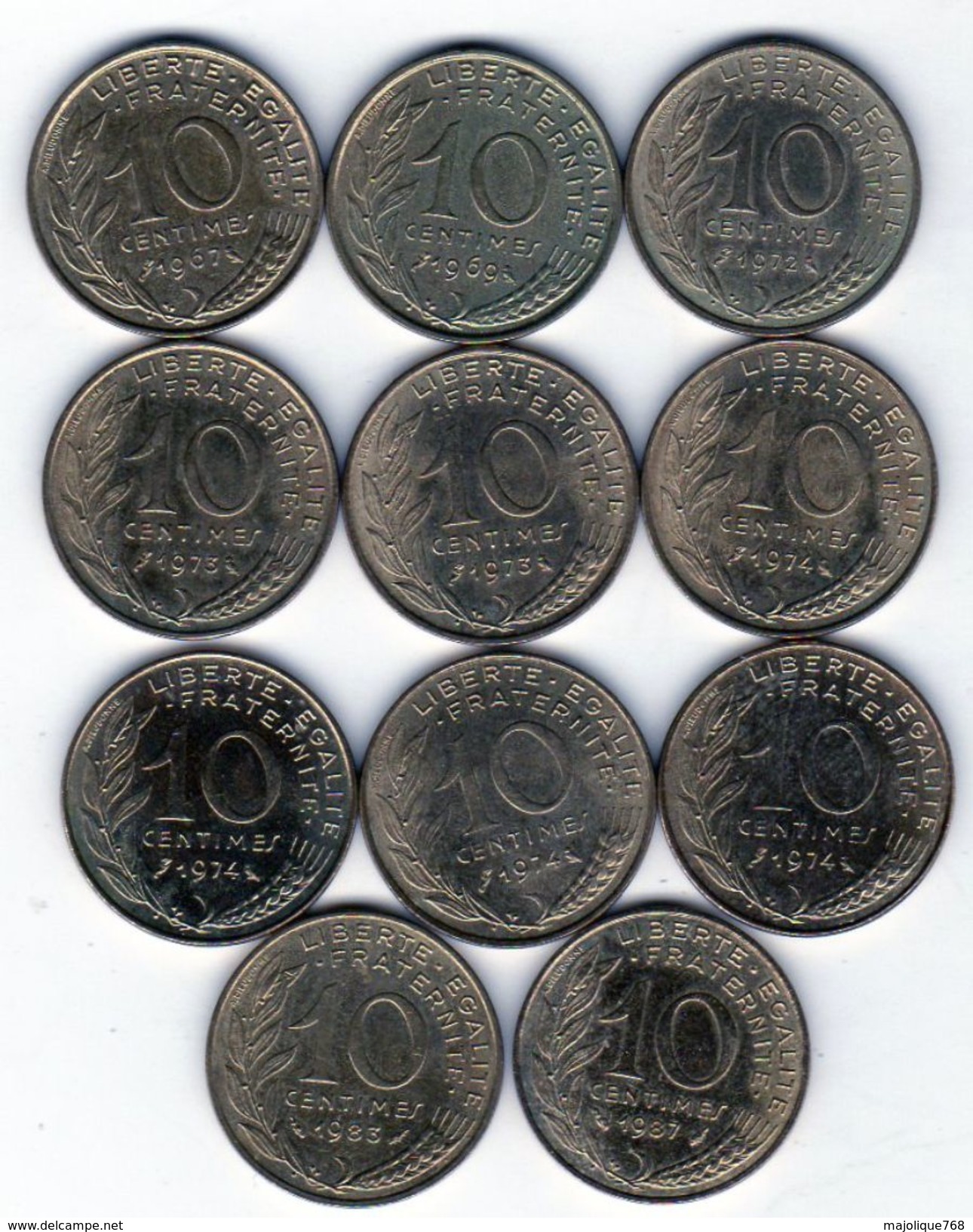 Lot De 11 Pièces De 10 Centimes De 1967-1969-1973-1974 Chouette-1983-1987- En T B Et En T T B - S U P - Alla Rinfusa - Monete