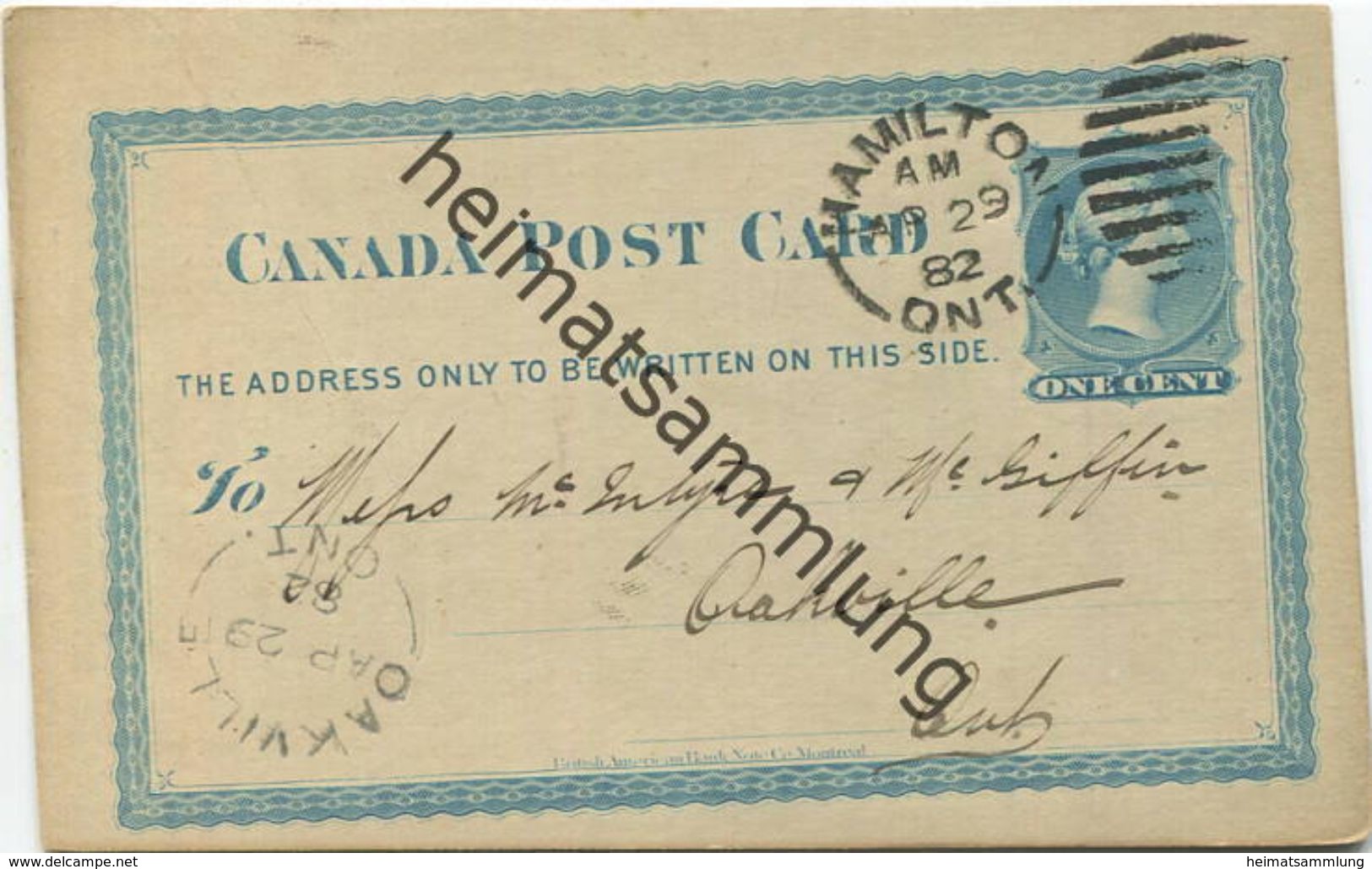 Kanada - Postkarte Mit Zudruck - Hamilton Wheel Works 1882 - Ganzsache Gel. 1882 - 1860-1899 Reign Of Victoria