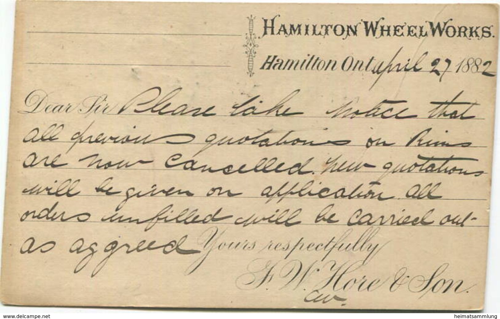 Kanada - Postkarte Mit Zudruck - Hamilton Wheel Works 1882 - Ganzsache Gel. 1882 - 1860-1899 Reign Of Victoria