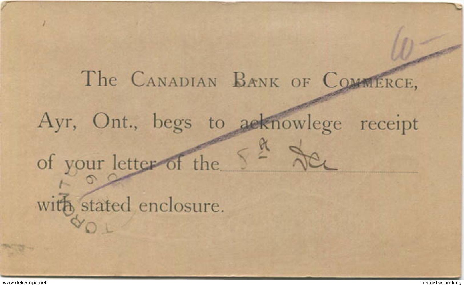 Kanada - Postkarte Mit Zudruck - The Canadian Bank Of Commerce - Ganzsache Gel. 1892 - 1860-1899 Regering Van Victoria