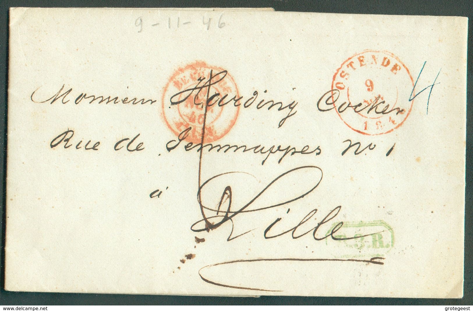 LAC D'OSTENDE Le 12 Avril 1846 + Griffe Verte B.3.R. Vers Lille  - 12112 - 1830-1849 (Belgique Indépendante)