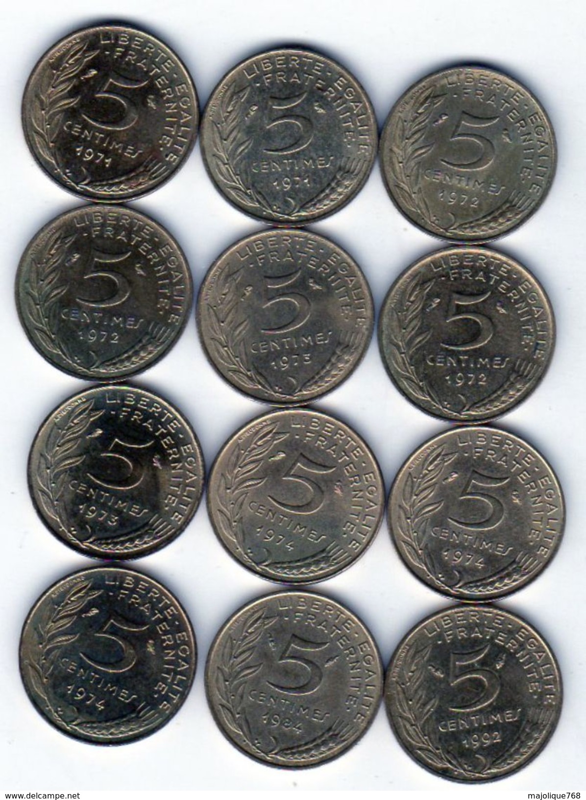 Lot De 12 Pièces De 5 Centimes De 1971-1972-1973-1974 Chouette-1984-1992 -4 Plis- En T B Et En T T B - S U P - Lots & Kiloware - Coins