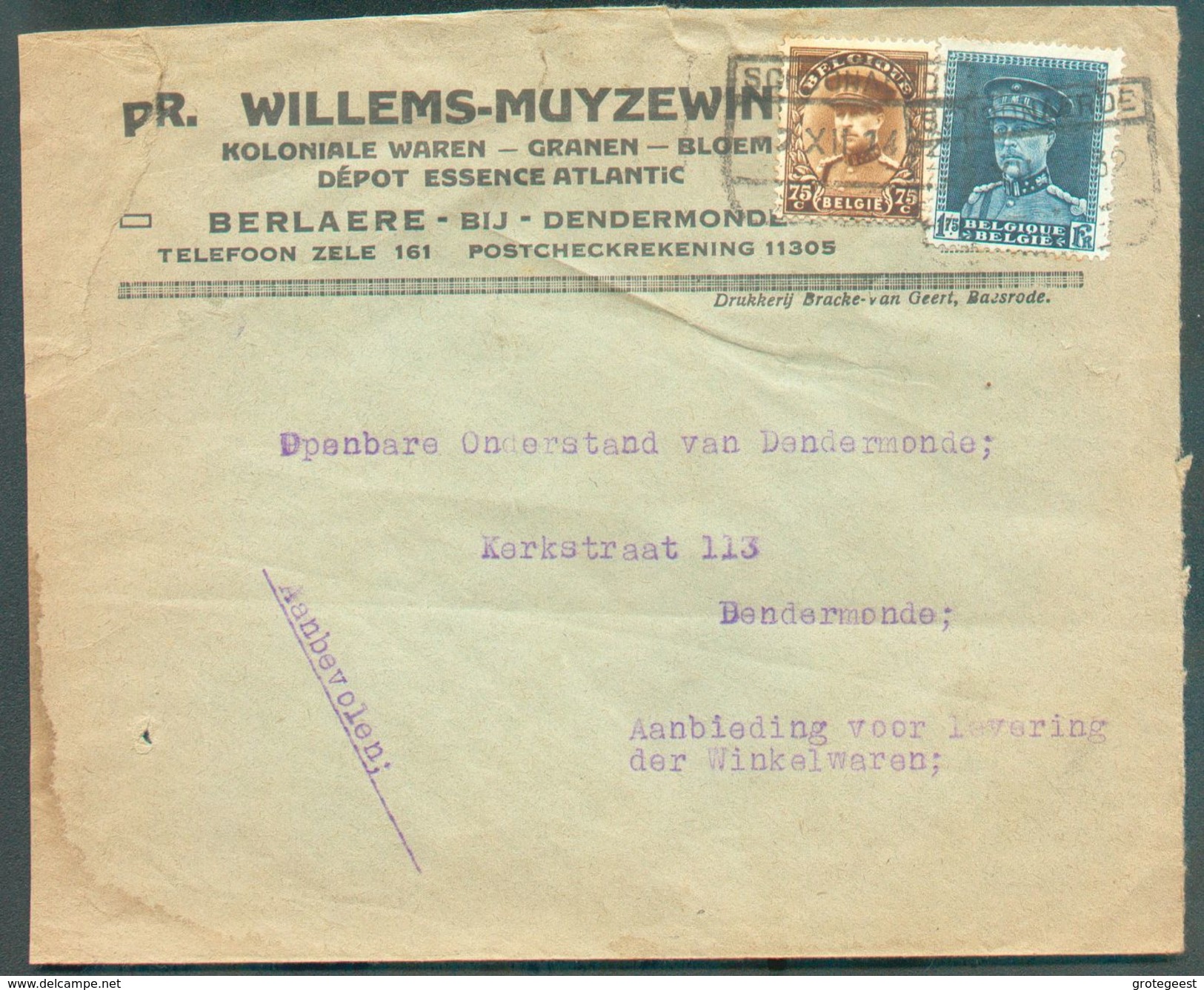 75c. Et 1Fr.75 KEPI Obl. Ferroviaire De SCHOONAERDE Sur Lettre (en-tête WILLEMS MUYZEWIN à BERLAERE Koloniale Waren Gran - 1931-1934 Képi