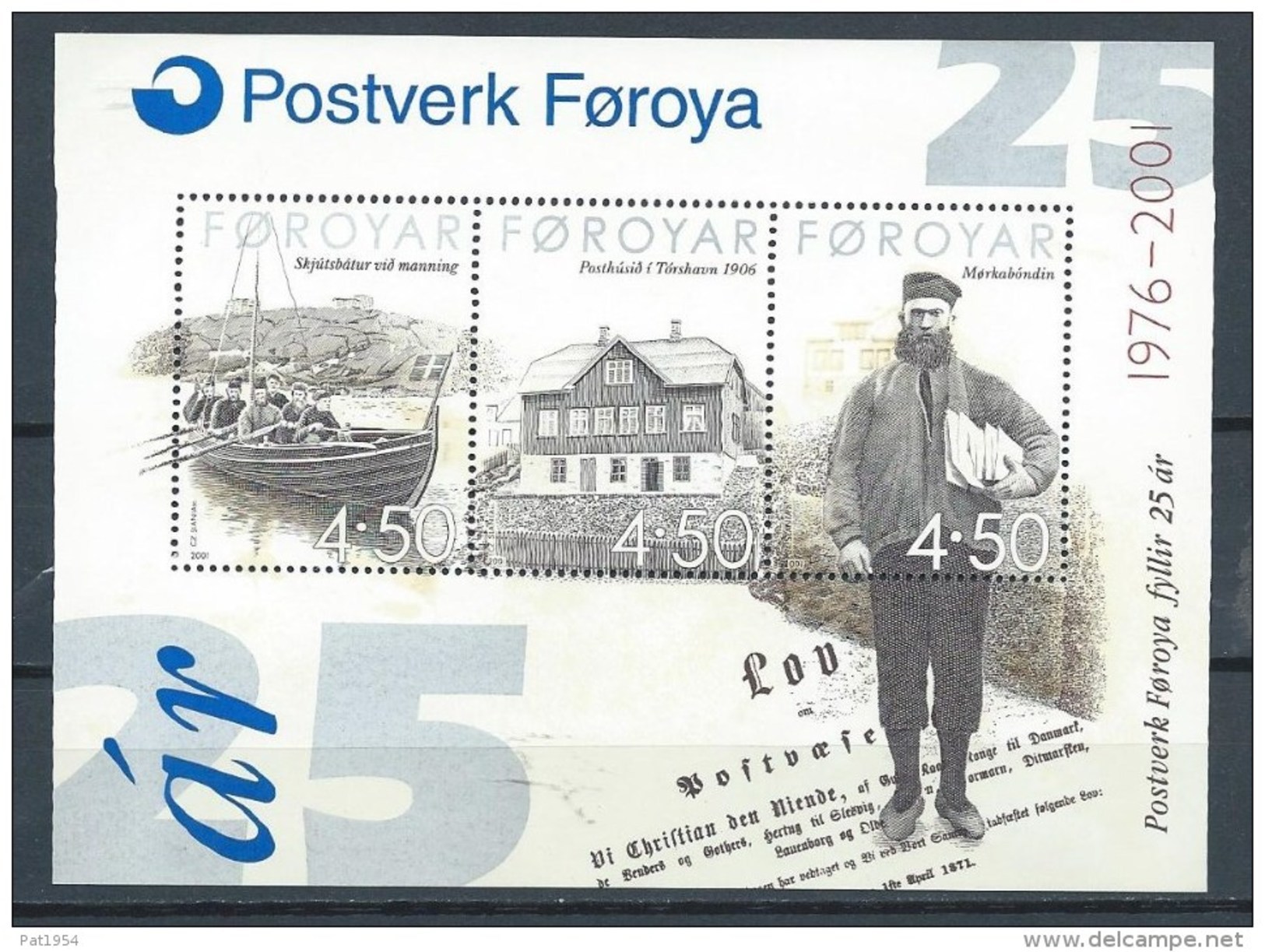 Féroé 2001 Bloc N°10 (n°389/391) Neufs 25 Ans De La Poste Des Iles - Faroe Islands