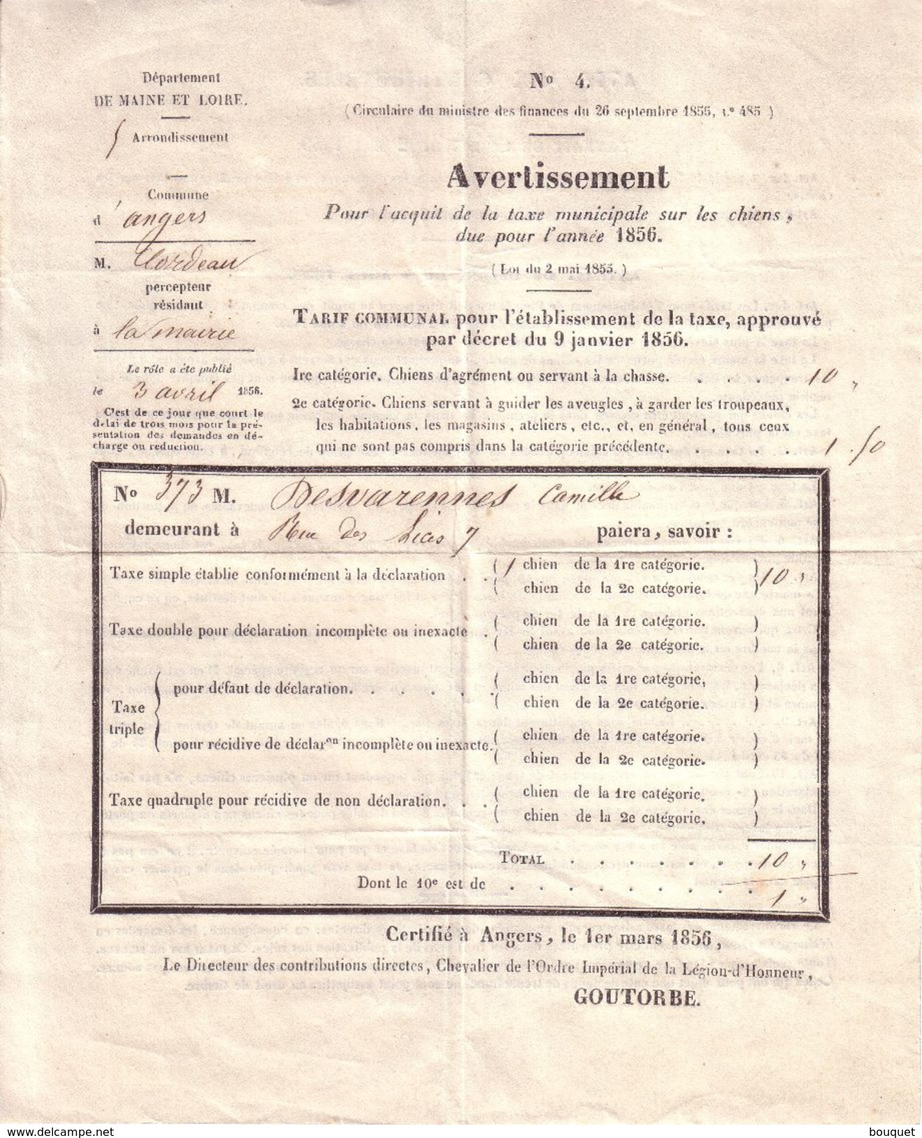 MAINE ET LOIRE - ANGERS - TARIF COMMUNAL POUR L' ETABLISSEMENT DE LA TAXE SUR LES CHIENS - 1856 - 1800 – 1899