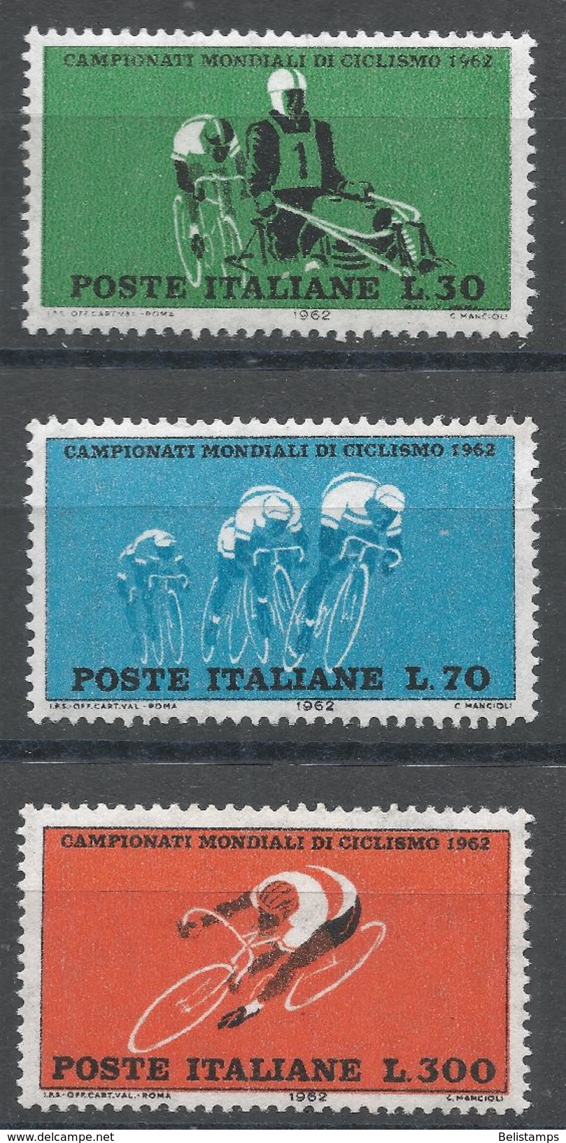 Italy 1962. Scott #857-9 (MNH) World Bicycle Championship Races - 1961-70: Mint/hinged