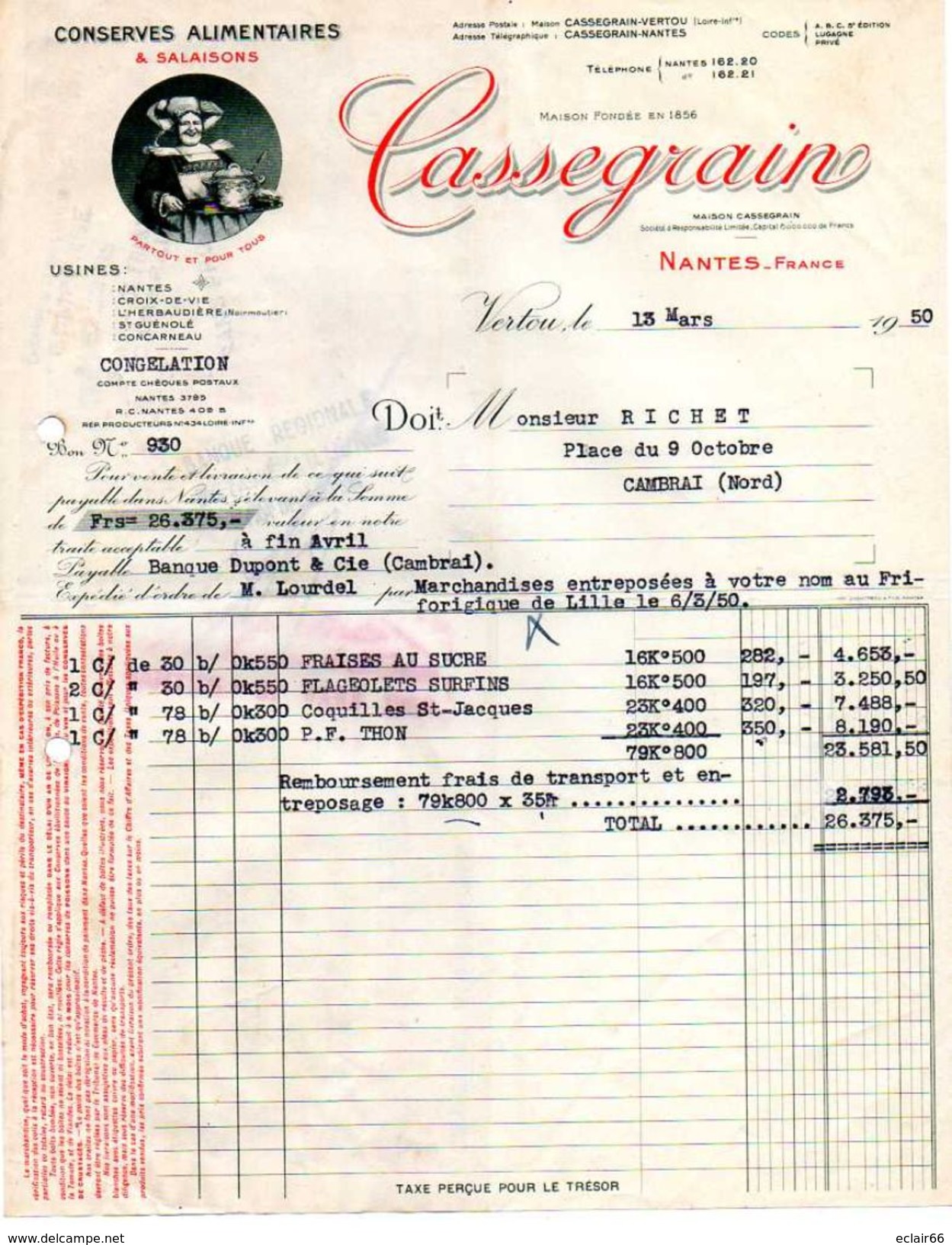 CASSEGRAIN / Conserves Alimentaires / Salaisons / 44 Vertou Nantes /Facture + Lettre De Change Timbrée 1950 - Alimentos