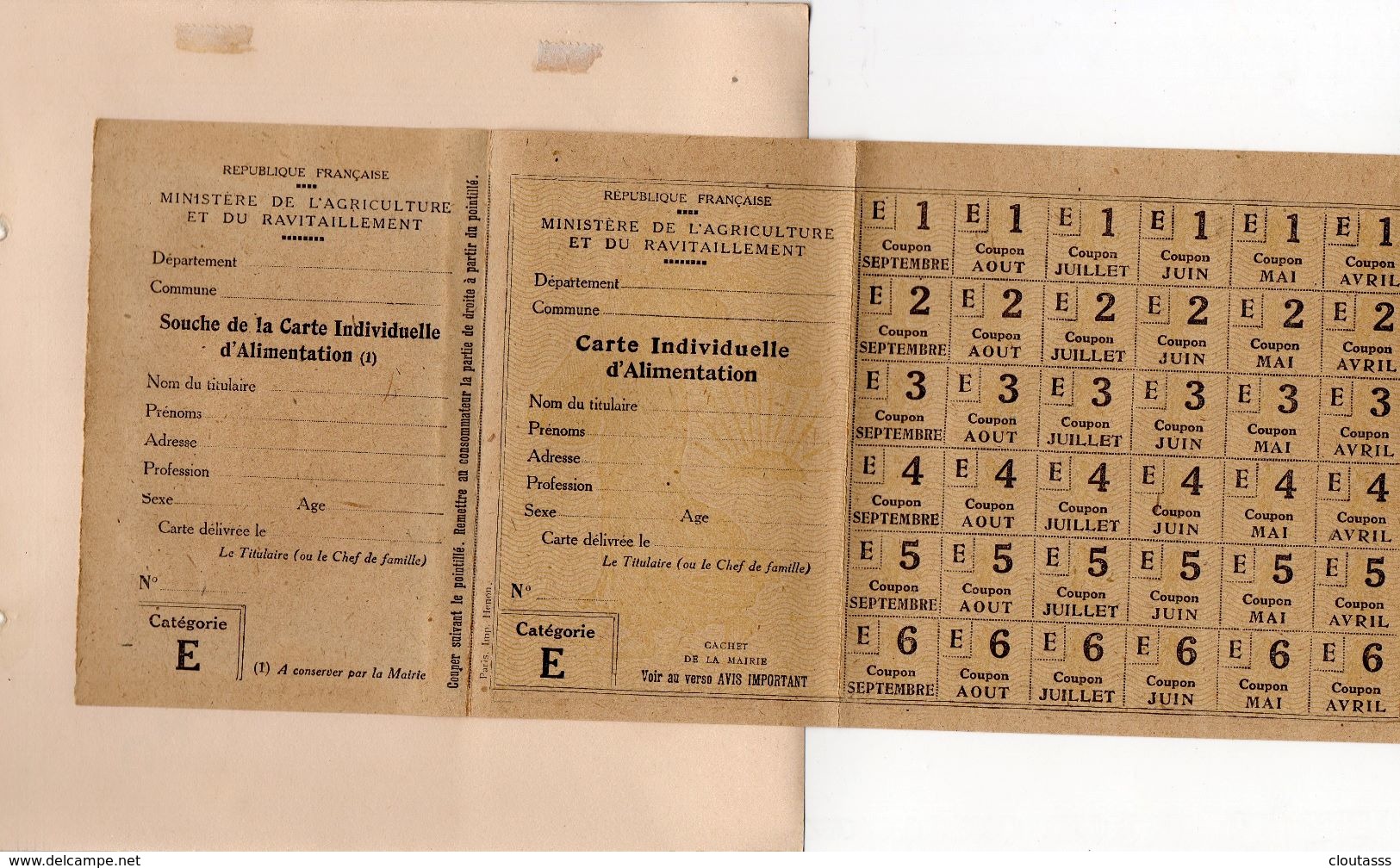 CARTE D'ALIMENTATION) 1914-1918 -DOCUMENT COMPLET ET NEUF -CATEGORIE E CARTE INDIVIDUELLE MINISTERE AGR ET RAVITAILLMENT - Documentos Históricos