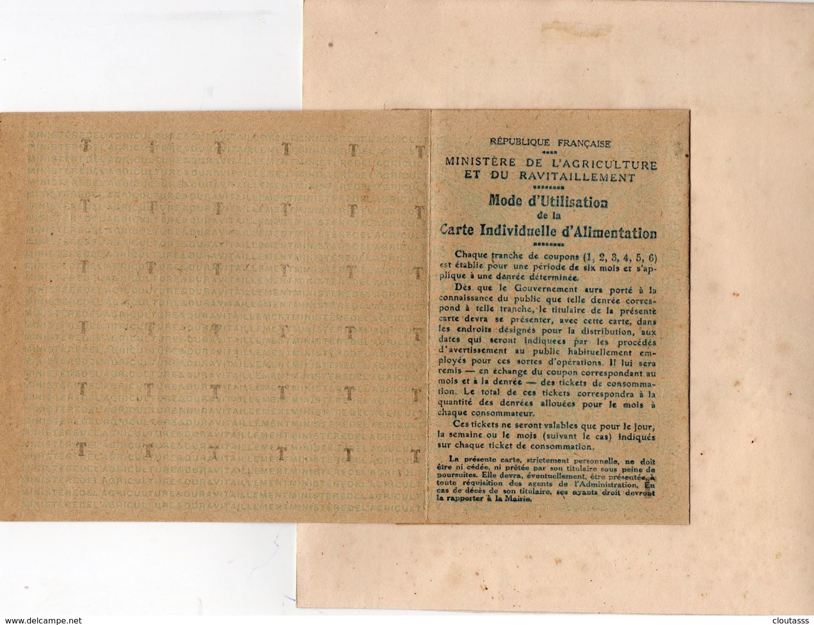 RATIONNEMENT 1914-1918) FLEURANCE (32) CARTE INDIVIDUELLE D'ALIMENTATION-CATEGORIE T -COUPONS AVRIL à SEPTEMBRE 3 VOLETS - Alimentos