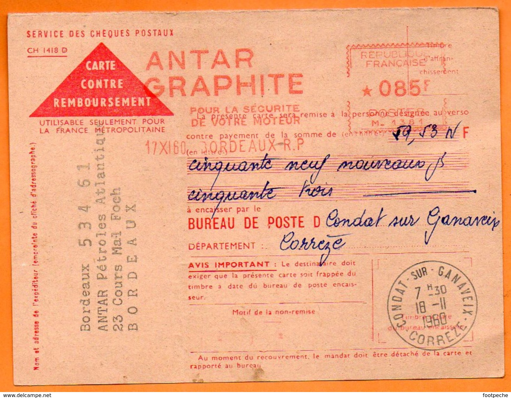 BORDEAUX    ANTAR GRAPHITE POUR LA SECURITE DE VOTRE MOTEUR      1960 Carte  N° FF 902 - EMA (Empreintes Machines à Affranchir)