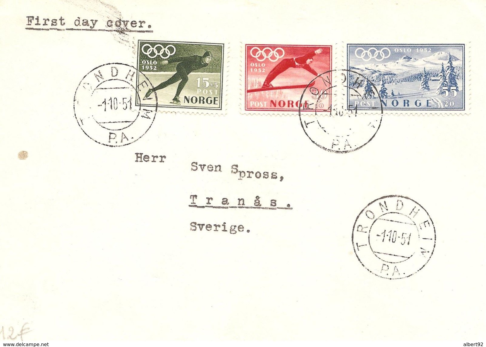 1951 FDC Jeux Olympiques D'Hiver OSLO (Trondheim) - Winter 1952: Oslo