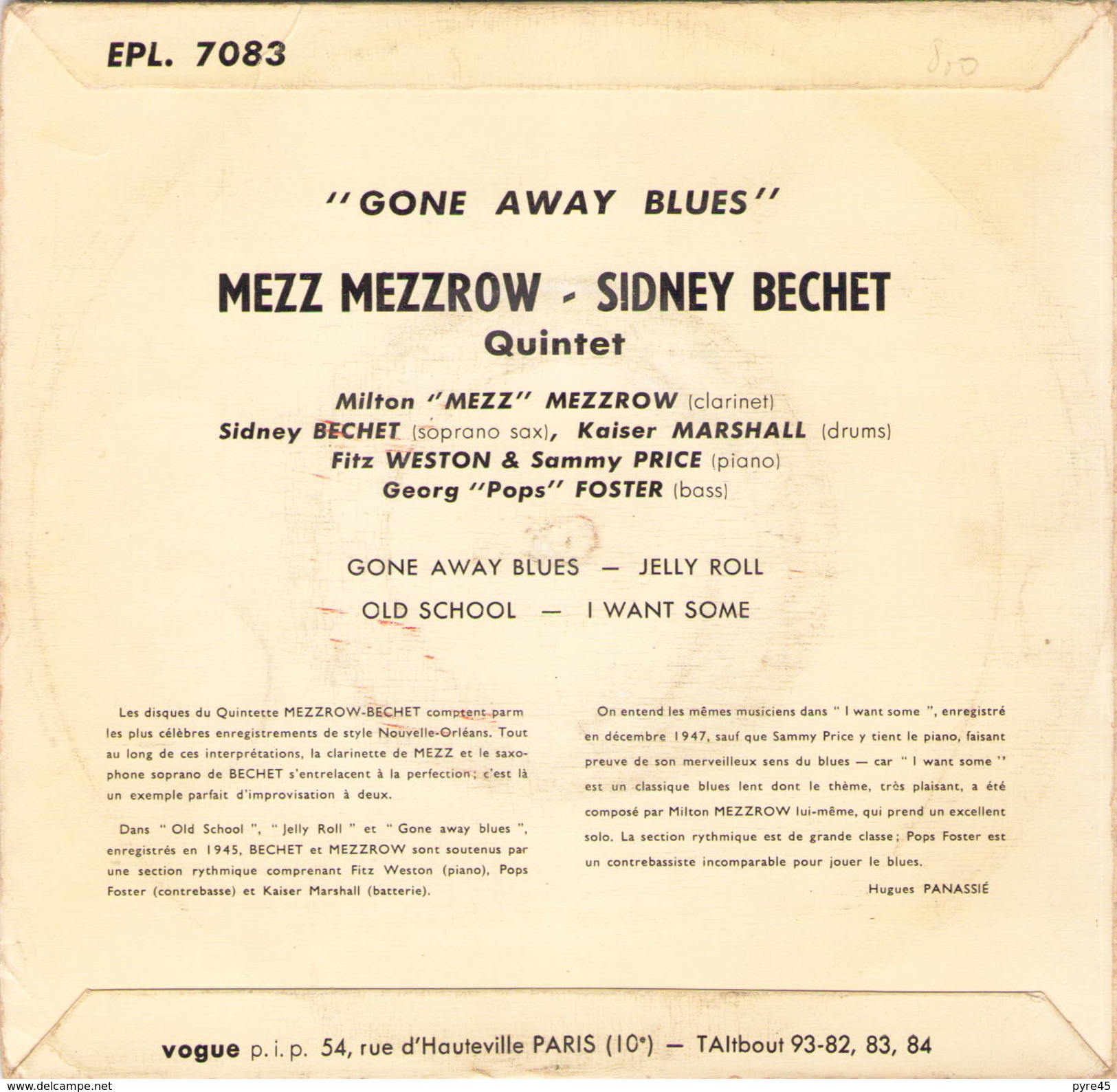 45 TOURS BECHET MEZZROW QUINTET VOGUE EPL 7083 GONE AWAY BLUES / JELLY ROLL / OLD SCHOOL / I WANT SOME - Blues