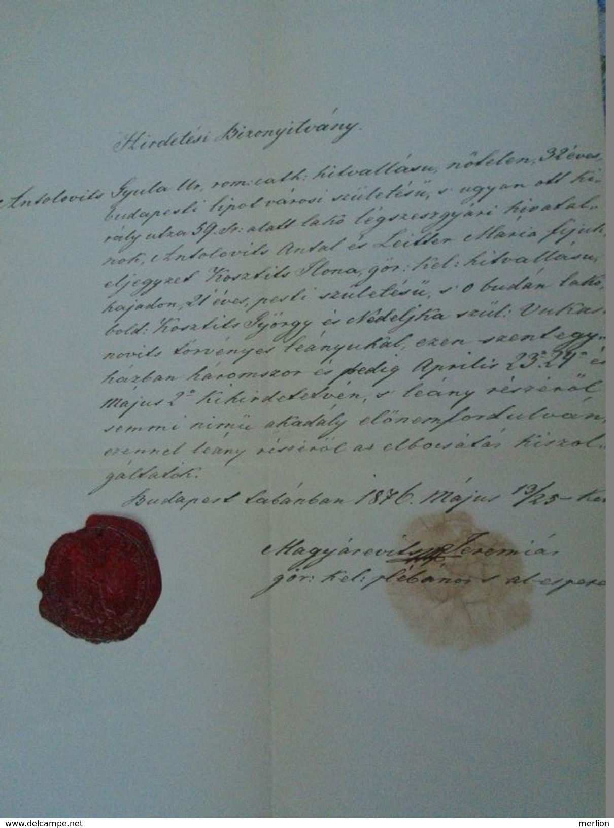 AD037.17  Old Document -  Gyula Antolovits - Ilona Kosztits Budapest Tabanban 1876 - Compromiso