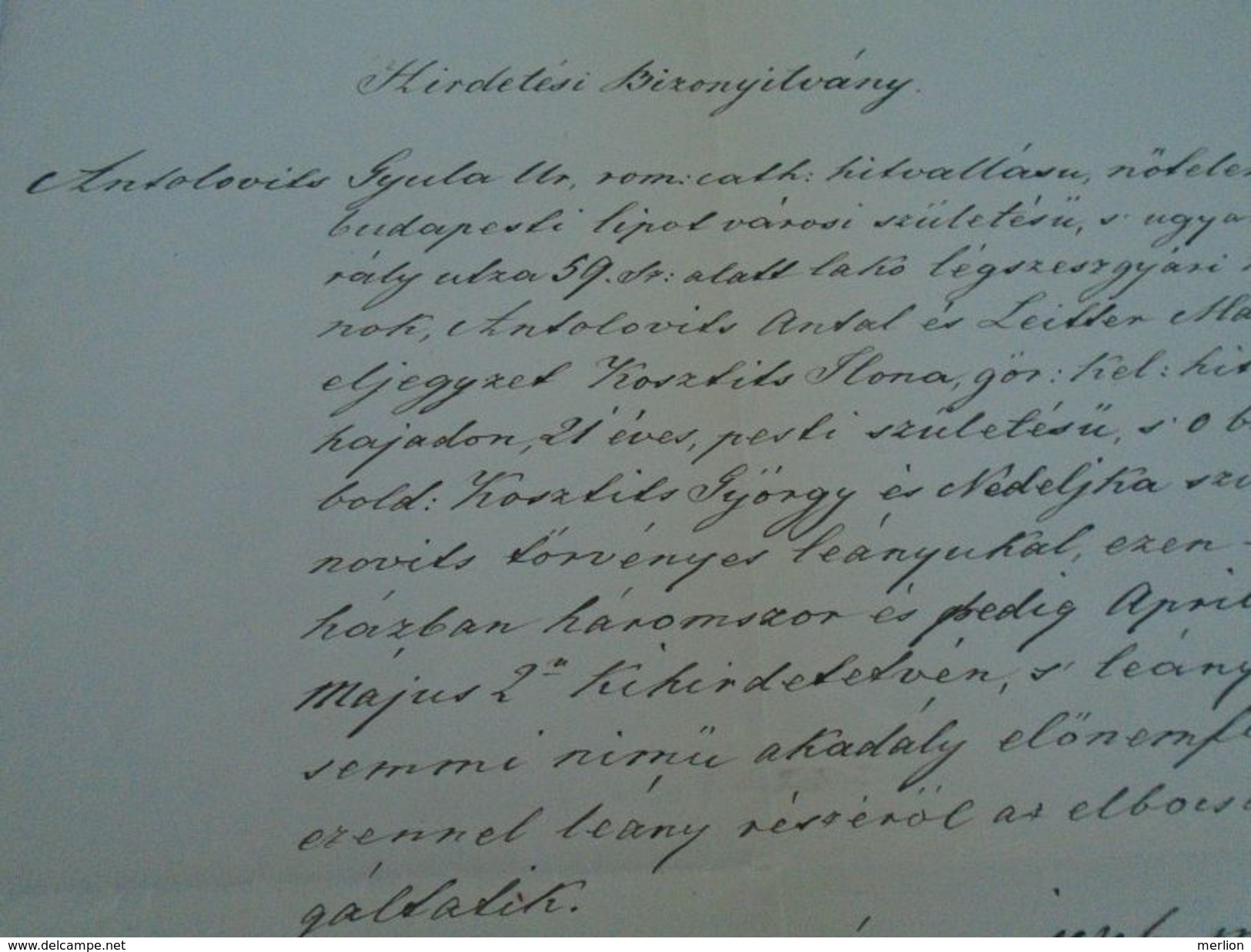 AD037.17  Old Document -  Gyula Antolovits - Ilona Kosztits Budapest Tabanban 1876 - Fidanzamento