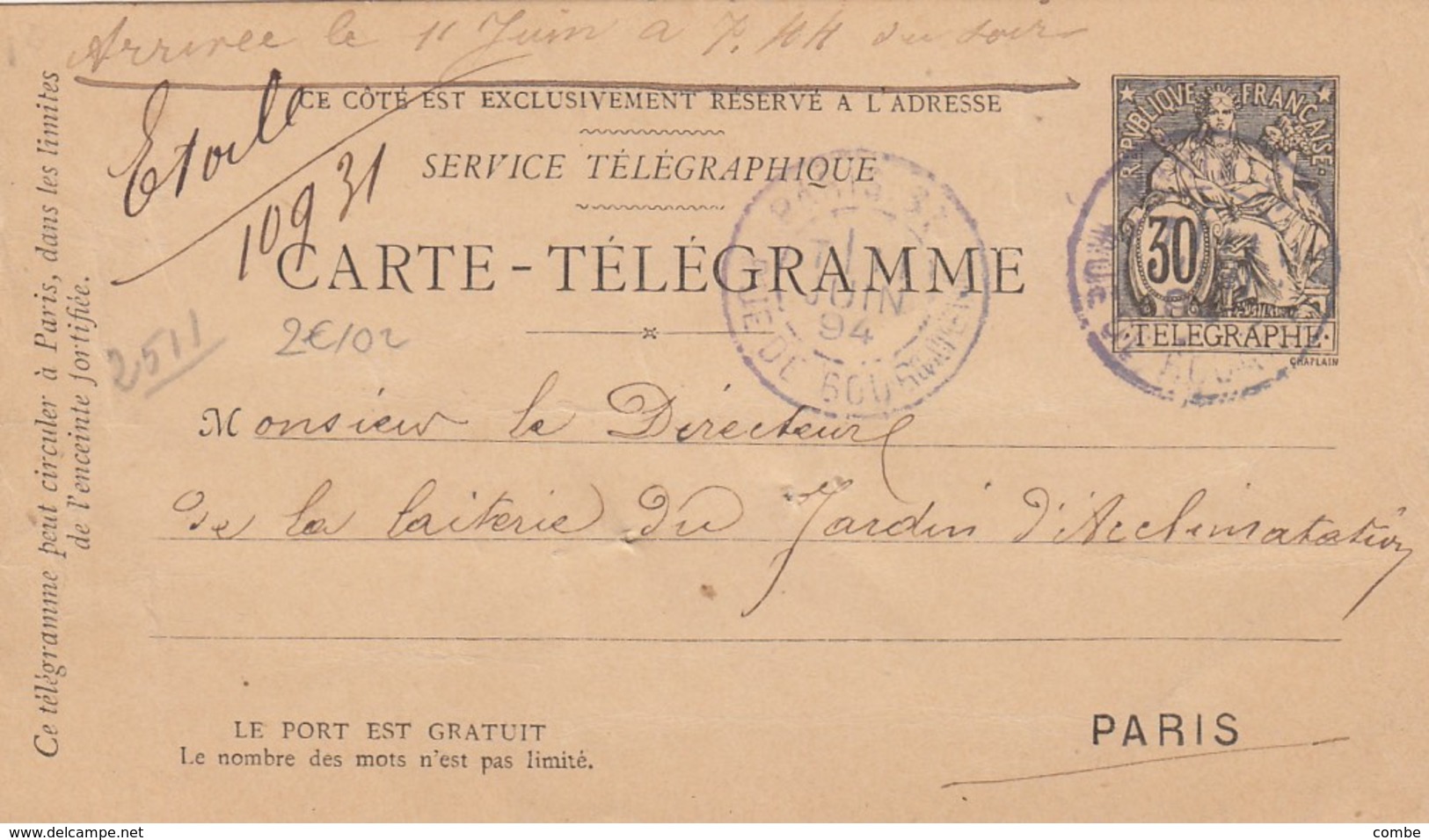 CACHET JZA LAITERIE ET PLANTES1894 CHAPLAIN NOIRE CARTE-TELEGRAMME 30c PARIS RUE DE BOURGOGNE POUR JARDIN ACCLIMATATION - Neumáticos