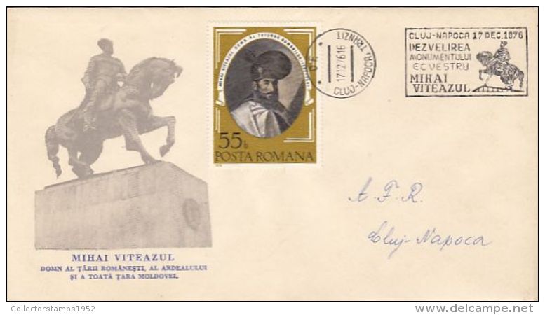 5583FM- PRINCE MICHAEL THE BRAVE OF ROMANIA, CLUJ NAPOCA STATUE, SPECIAL COVER, 1976, ROMANIA - Cartas & Documentos