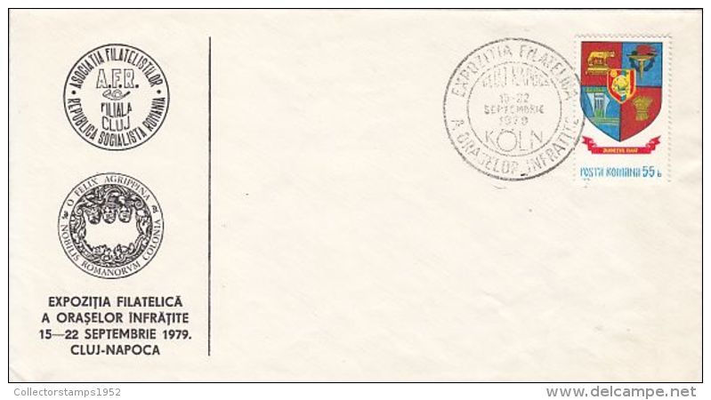 5586FM- CLUJ NAPOCA-KOLN SISTER CITIES PHILATELIC EXHBITION, SPECIAL COVER, 1979, ROMANIA - Brieven En Documenten