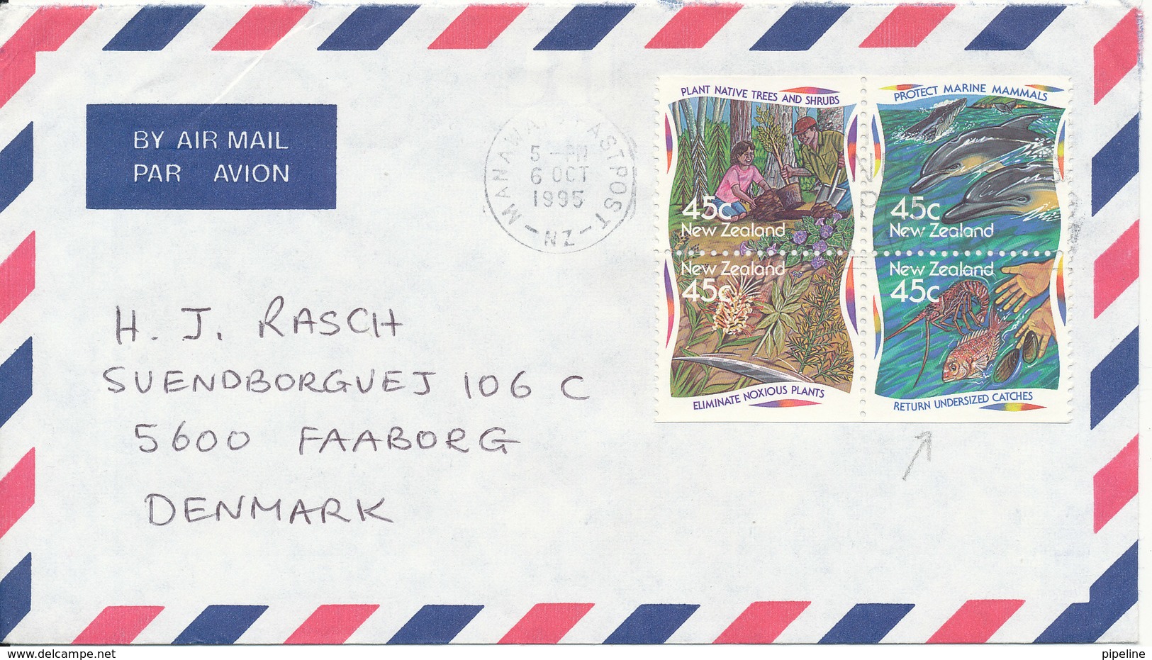 New Zealand Air Mail Cover Sent To Denmark 6-10-1995 With A Block Of 4 Topic Stamps - Corréo Aéreo