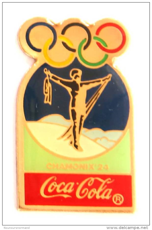 Pin's COCA COLA - 1° J.O D'hiver CHAMONIX 1924 - Homme Bras En Croix - Anneaux Olympiques - Premier  - G848 - Coca-Cola