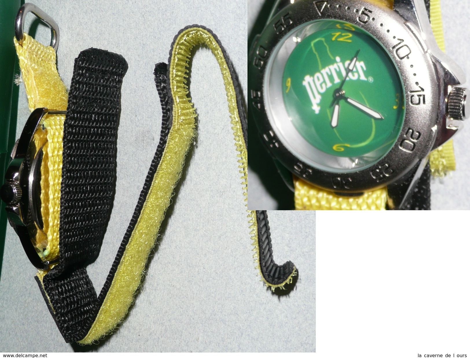 Rare Montre à Quartz PERRIER Bracelet Velcro, état Neuf Avec Sa Boite - Montres Publicitaires