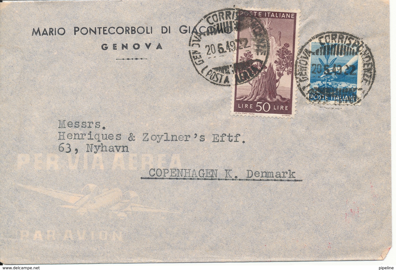 Italy Cover Sent Air Mail To Denmark Genova 20-6-1949 - Poste Aérienne