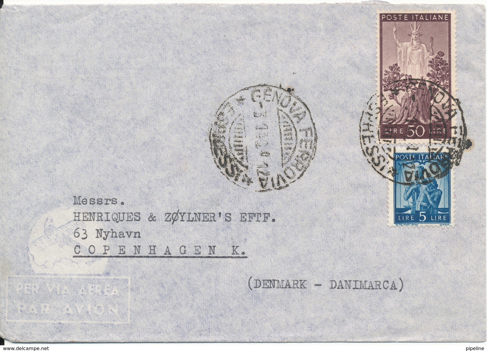 Italy Cover Sent Air Mail To Denmark Genova 3-1-1948 - Airmail