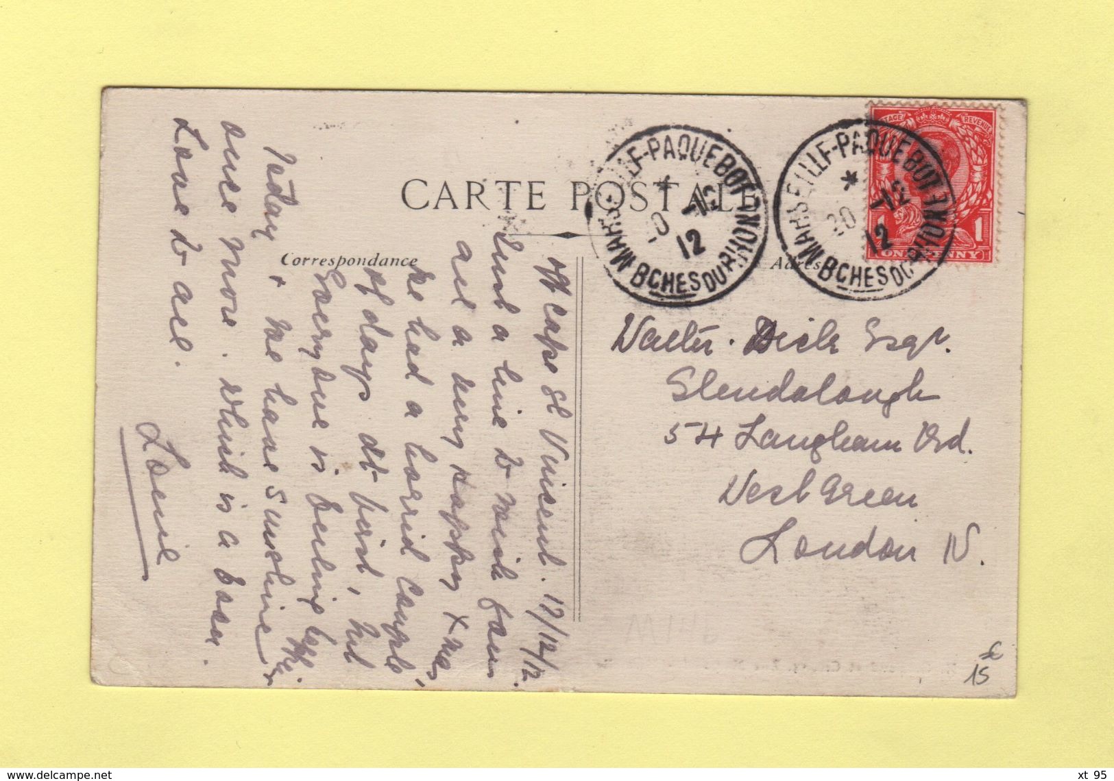 Marseille Paquebot Sur Timbre Anglais - 20-12-1912 - Carte RMS Morea - Poste Maritime