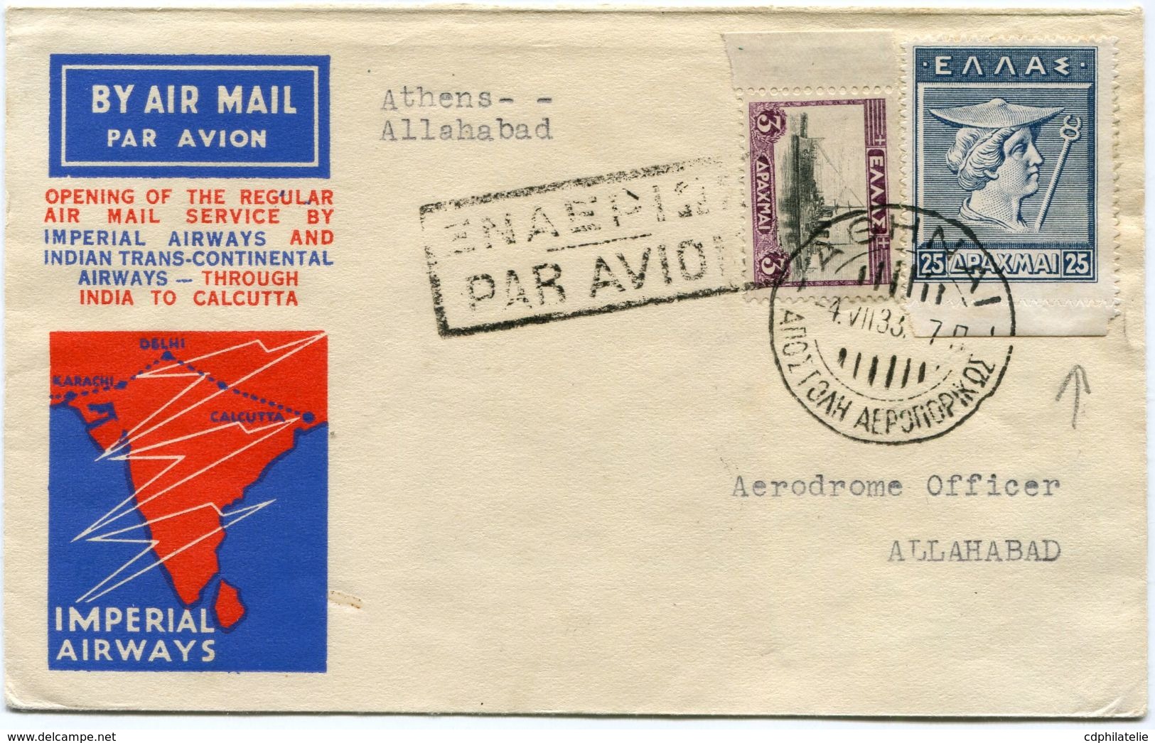 GRECE LETTRE PAR AVION DEPART ATHENES 4 VII 33 POUR L'INDE - Lettres & Documents