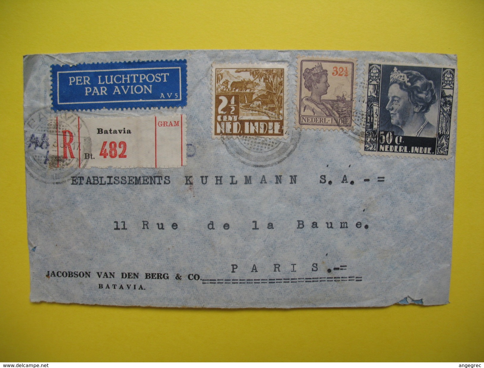 Indes Néerlandaises Lettre Voyagé Par Avion En Recommandé Pour La France Paris 1936 Avec Vignette Au Dos - Netherlands Indies
