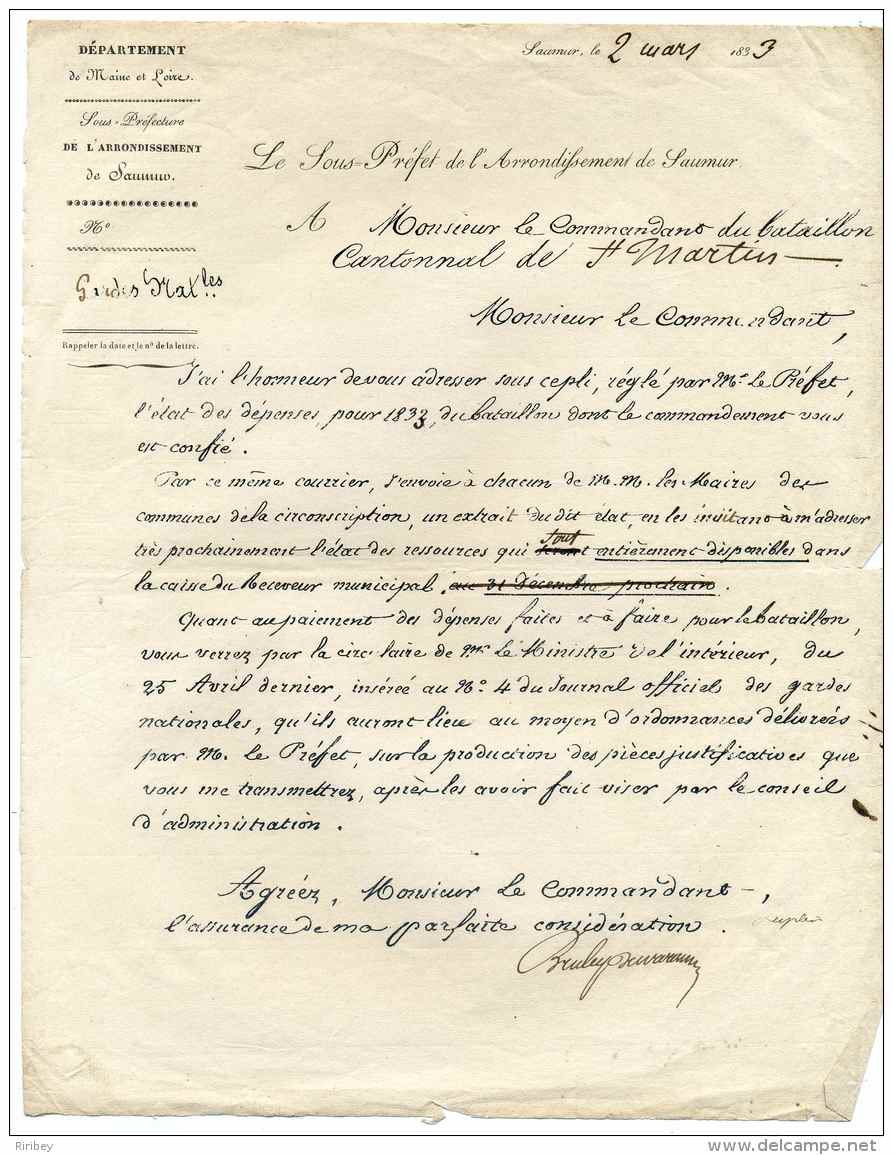 Sous Prefet De L'Arrondissement De SAUMUR / Dept Maine Et Loire / 2 Mars 1833 / Garde Nationale - 1801-1848: Precursors XIX