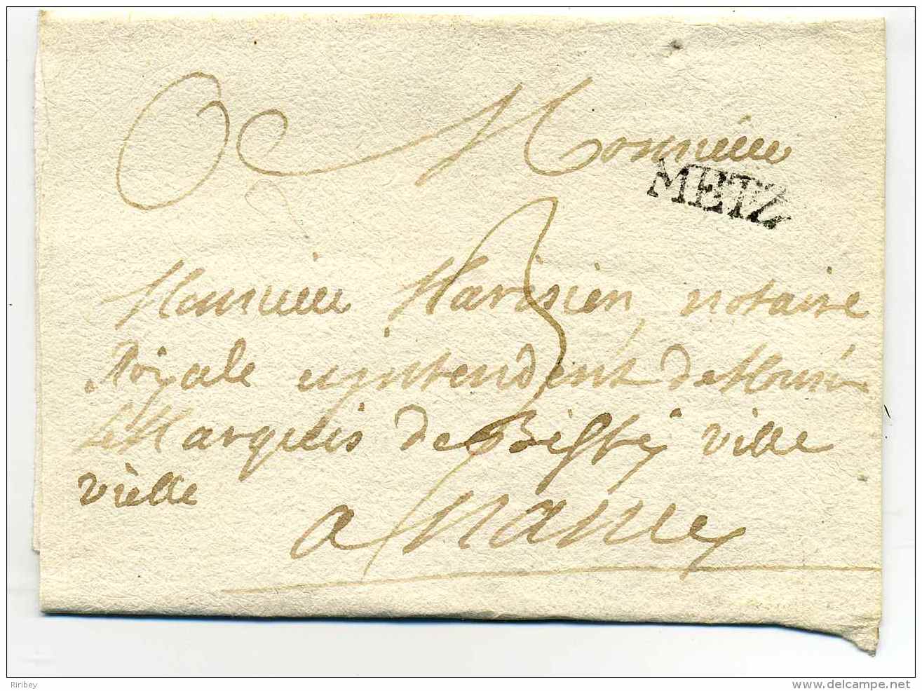 MP  METZ  Lenain N°5  16x4.5mm / Dept De La Moselle / Cachet De Cire Complet Avec Armoirie Au Verso / Ind 17 - 1701-1800: Precursors XVIII