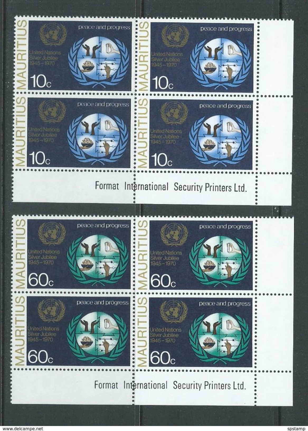 Mauritius 1970 United Nations Set Of 2 MNH As Imprint Blocks Of 4 - Mauritius (1968-...)