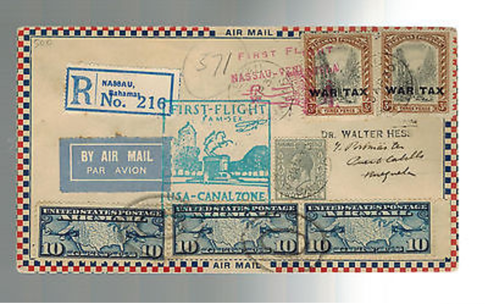 1930 Bahamas First Flight Cover To Venezula FFC Via US Canal Zone - Autres & Non Classés