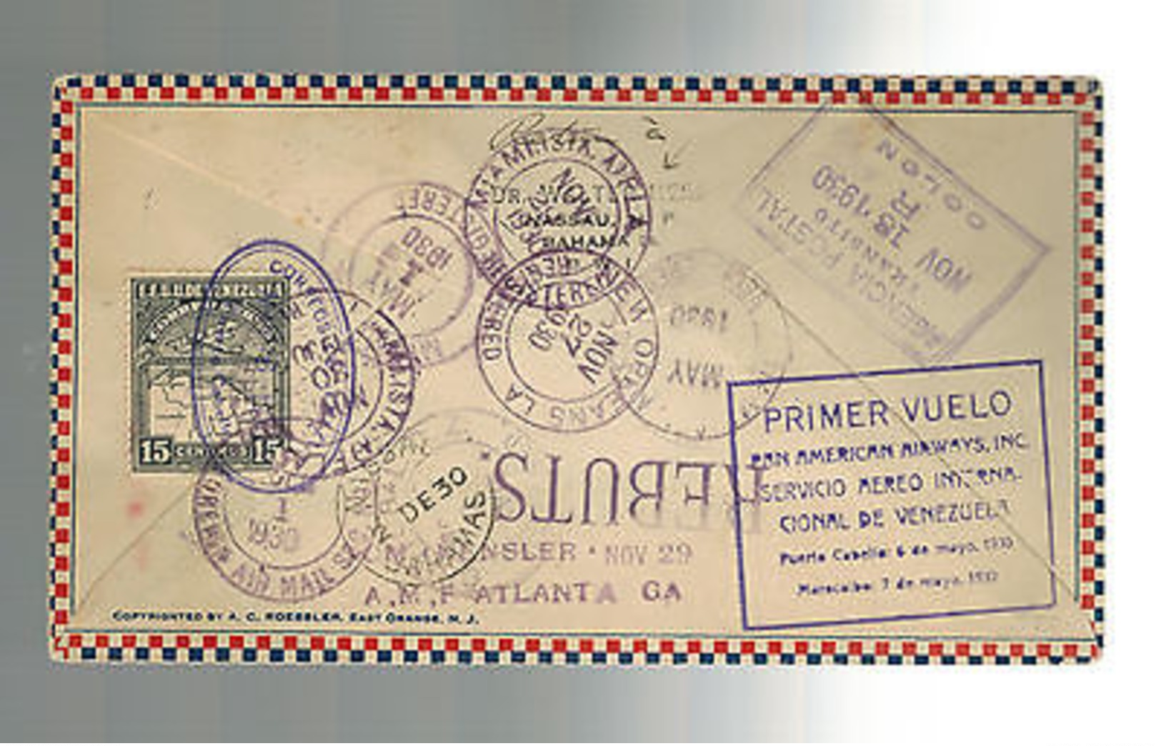 1930 Bahamas First Flight Cover To Venezula FFC Via US Canal Zone - Autres & Non Classés