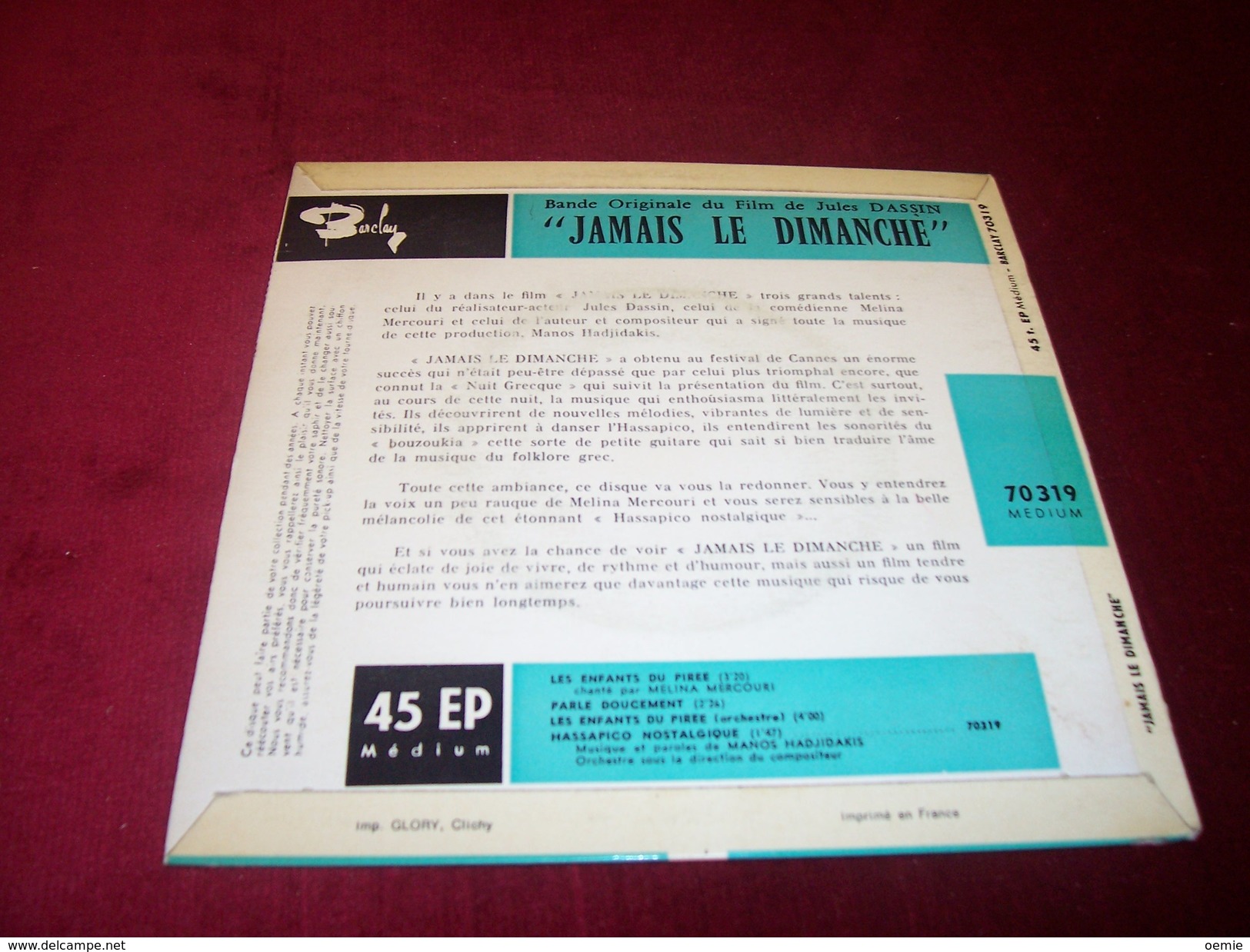 BANDE DE FILM   JAMAIS LE DIMANCHE  DE JULE DASSIN  LES ENFANTS DU PIREE CHANTE PAR MELINA MERCOURI - Soundtracks, Film Music