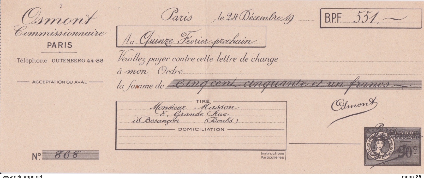 Fiscal Fiscaux -  Timbre 90 C Sur QUITTANCE FACTICE école De Commerce PIGIER - Specimen - OSMONT 1942 - Autres & Non Classés