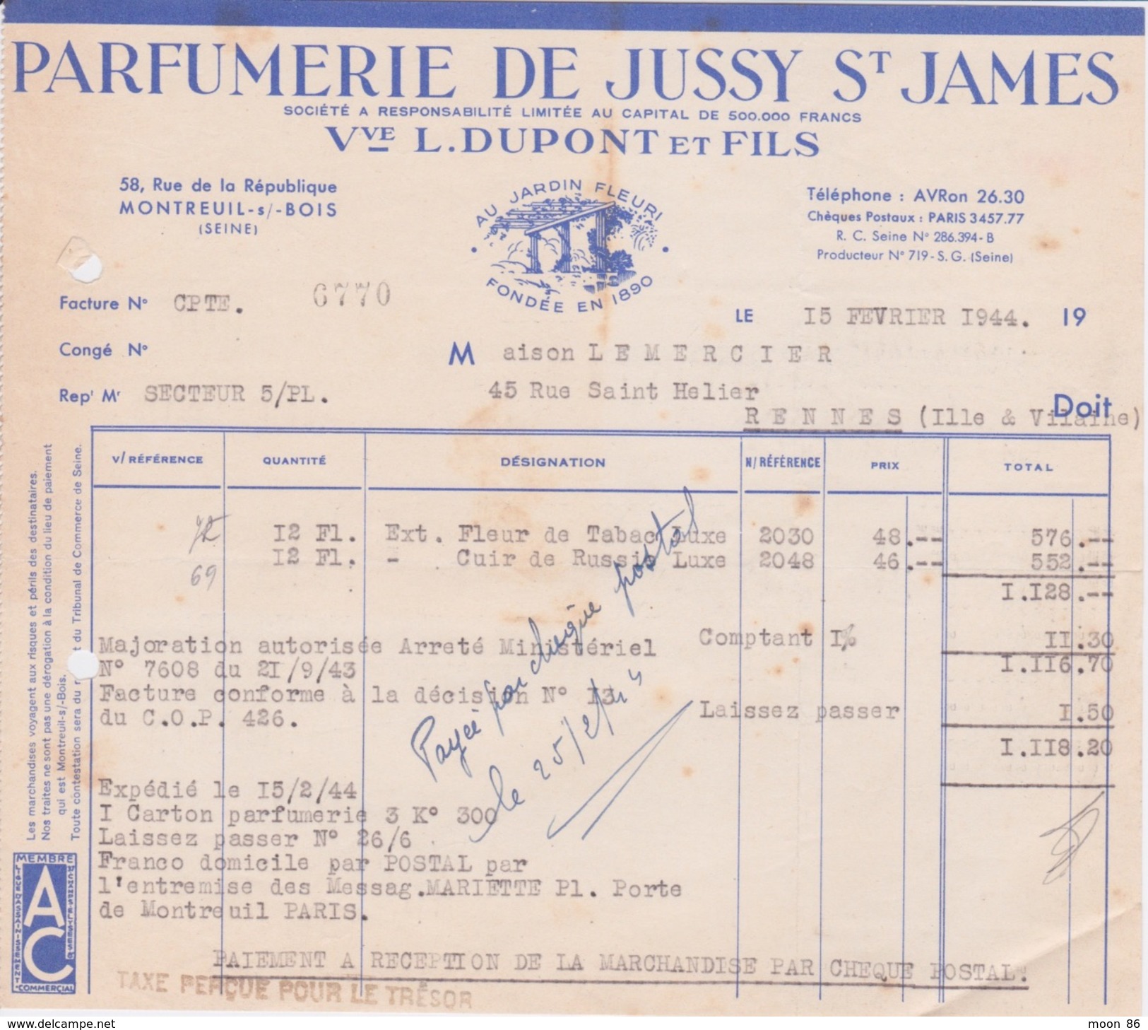 FACTURE - 1944 - PARFUMERIE DE JUSSY ST JAMES - ACHAT FLEUR DE TABAC ET CUIR DE RUSSIE - Droguerie & Parfumerie