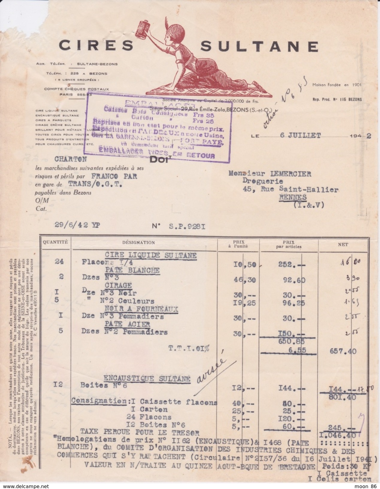 FACTURE - CIRES SULTANE BEZONS  1942  - PRODUITS ENCAUSTIQUE PATE CIRAGE - Droguerie & Parfumerie