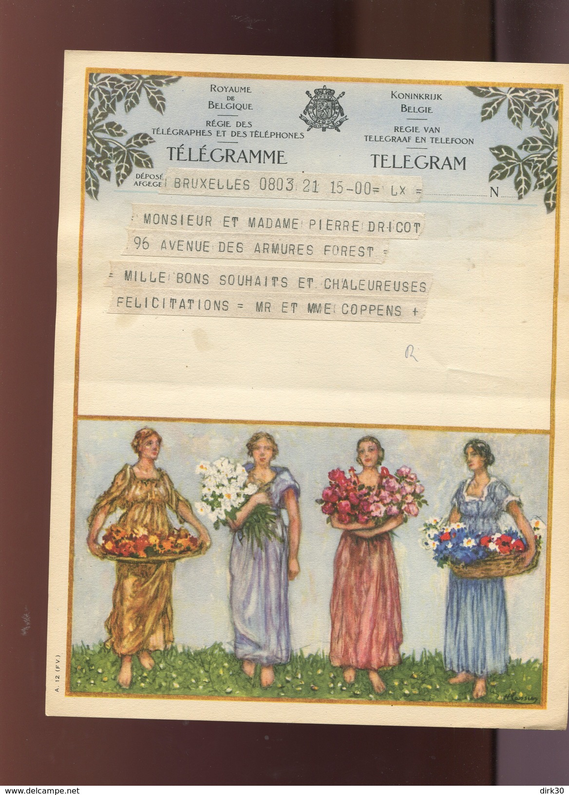 Belgie Telegram Telegramme Pierre Dricot Dedecker Coppens Brussel 15/10/1942 - Telegrams