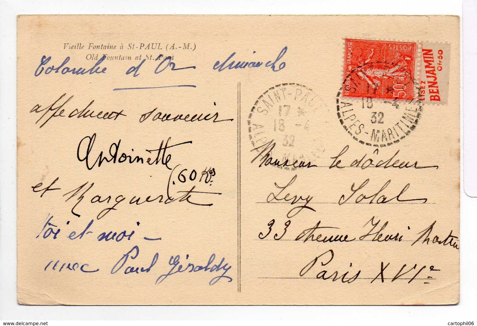 - Carte Postale SAINT-PAUL (Alpes-Maritimes) Pour PARIS 18.4.1932 - 50 C. Rouge Semeuse Lignée AVEC BANDE PUBLICITAIRE - - Lettres & Documents