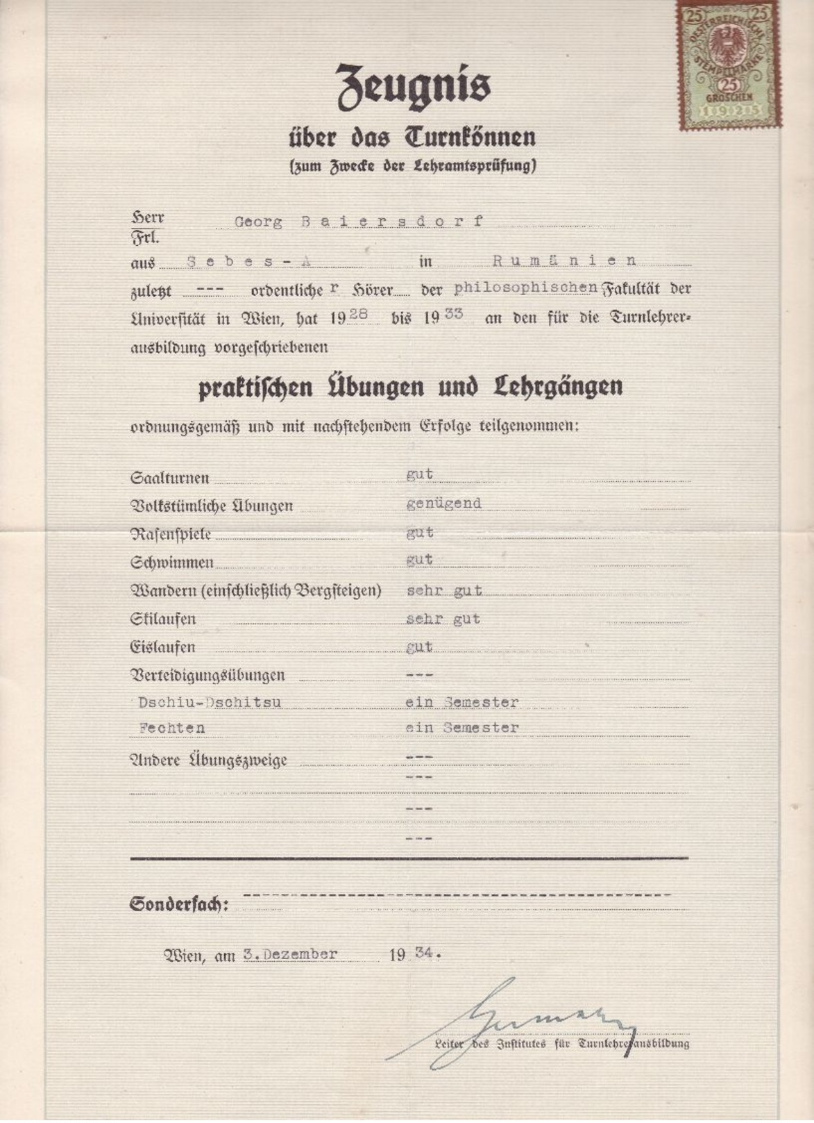 #7966 Austria, Wien, 1934: Faculty Of Philosophy, Zeugnis-Sports Of G.Baiersdorf, Muhlbach, Tax Stamp - Diplomi E Pagelle