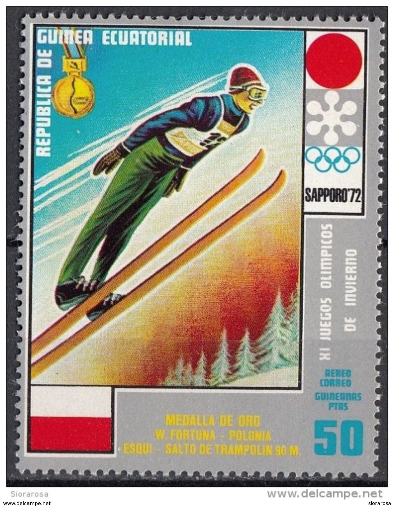 7218 Guinea Equatoriale 1972 XI Olimpiadi Invernali Sapporo  ORO Salto Dal Trampolino A. Fortuna Nuovo MNH - Winter 1972: Sapporo