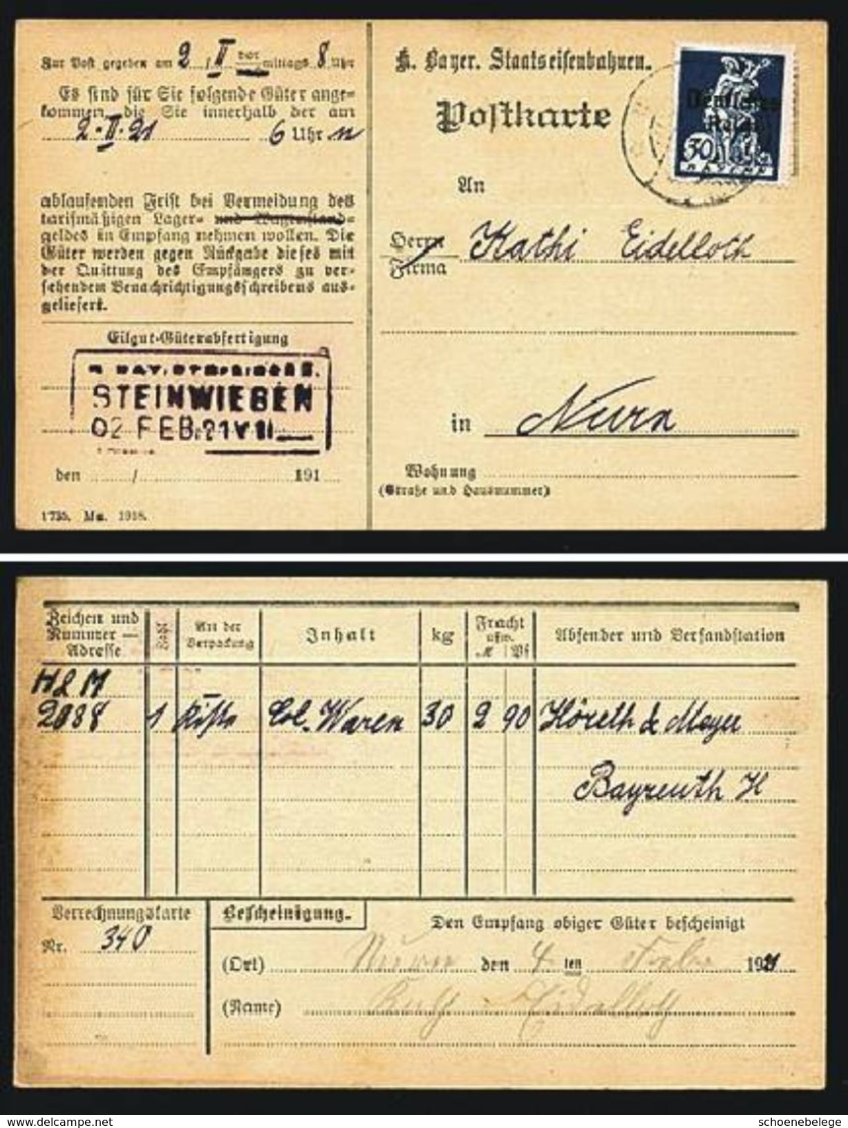 A4842) DR Eilgut-Karte D. Bayerischen Staatseisenbahn 1921 - Briefe U. Dokumente