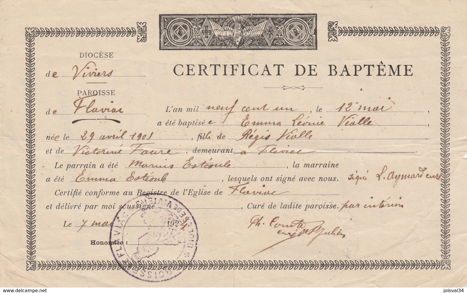 Certificat De Baptême Diocède De VIVIERS Paroisse De FLAVIAC ( Cachet ) Emma Vialle - Documents Historiques