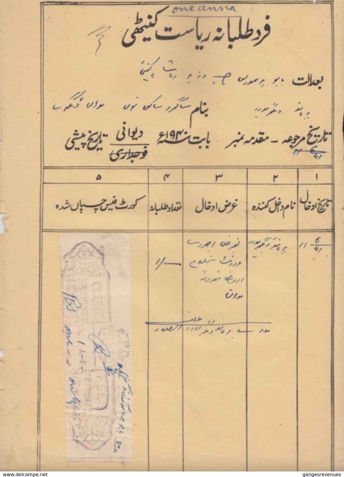 KHANETI State  1R  UNRECORDED Hand Written Value Stamp Paper + 1R CF Type 5 K&M 54 # 00370d  Inde Indien  India Fiscaux - Other & Unclassified