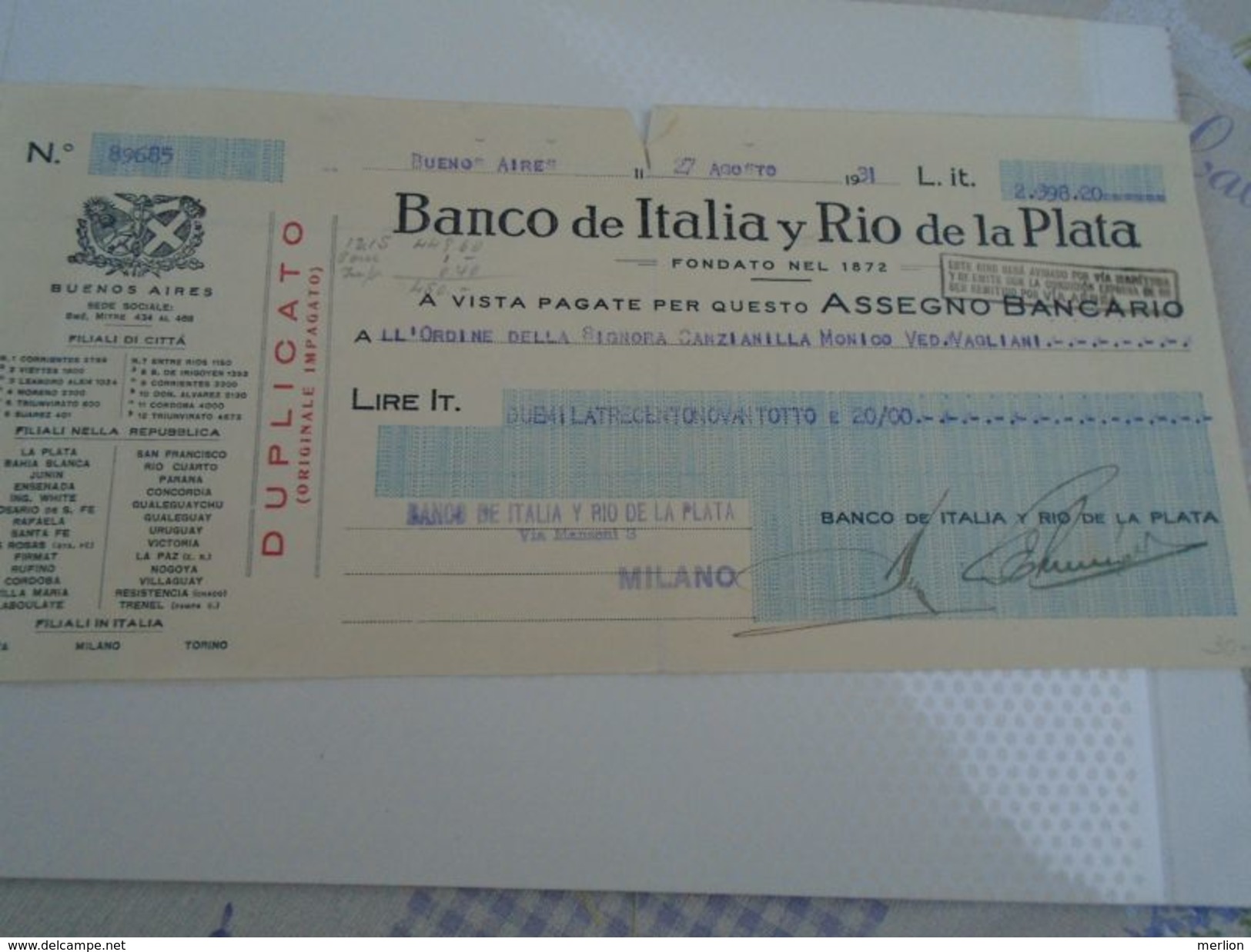 AD038.07 Banco De Italia Y Rio De La Plata - Buenos Aires -Argentina - LIT 2398 - 1931 - Assegni & Assegni Di Viaggio