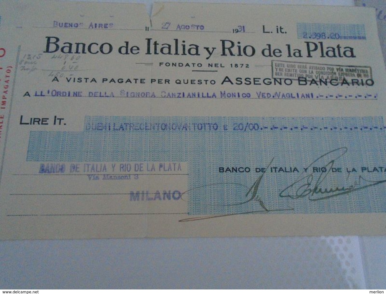 AD038.07 Banco De Italia Y Rio De La Plata - Buenos Aires -Argentina - LIT 2398 - 1931 - Assegni & Assegni Di Viaggio