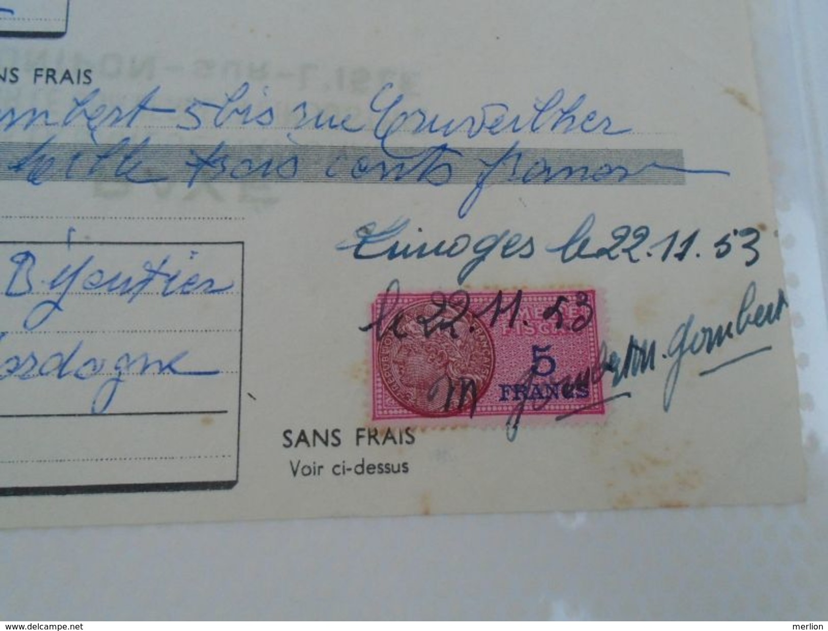 AD038.11 Emaux D'Art M.Gombert  LIMOGES  BPF 19300 - Timbre Tax 5 Francs  1953  MONTPON-sur-L'ISLE - Chèques & Chèques De Voyage