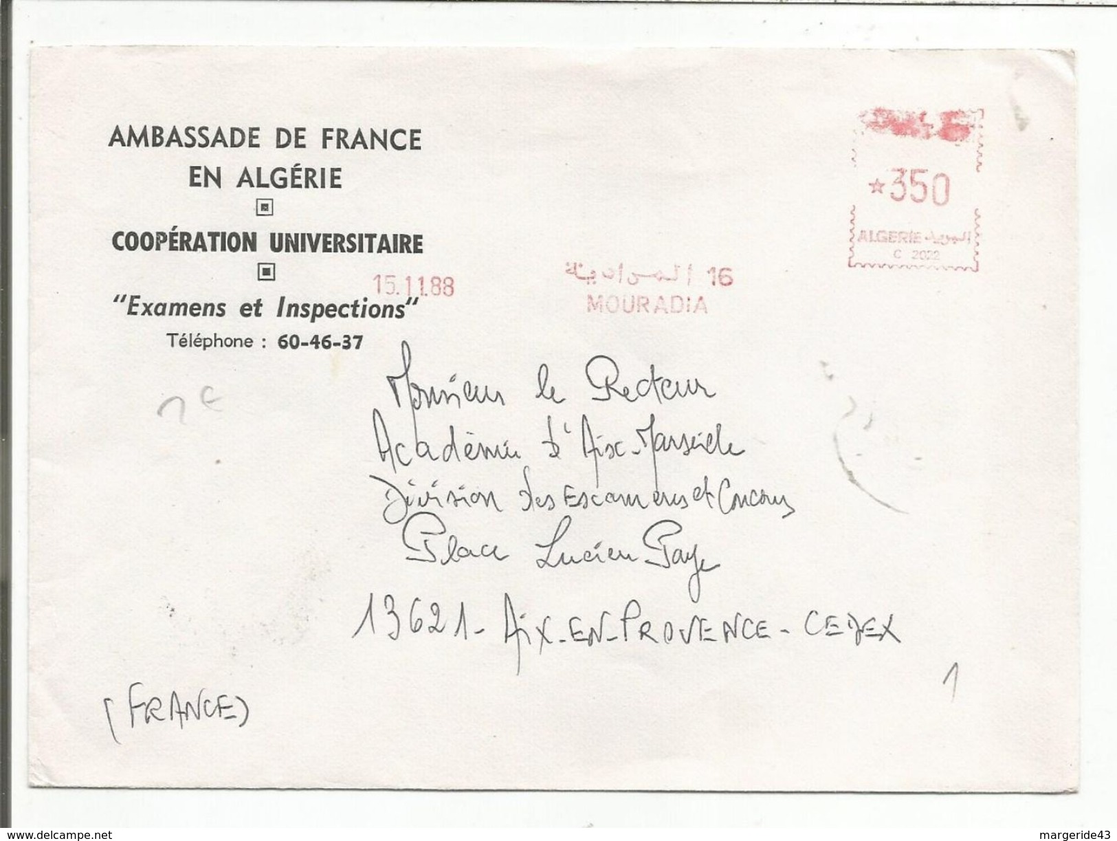 ALGERIE EMA SUR LETTRE DE MOURADIA POUR LA FRANCE DU 15/11/1988 - Algeria (1962-...)